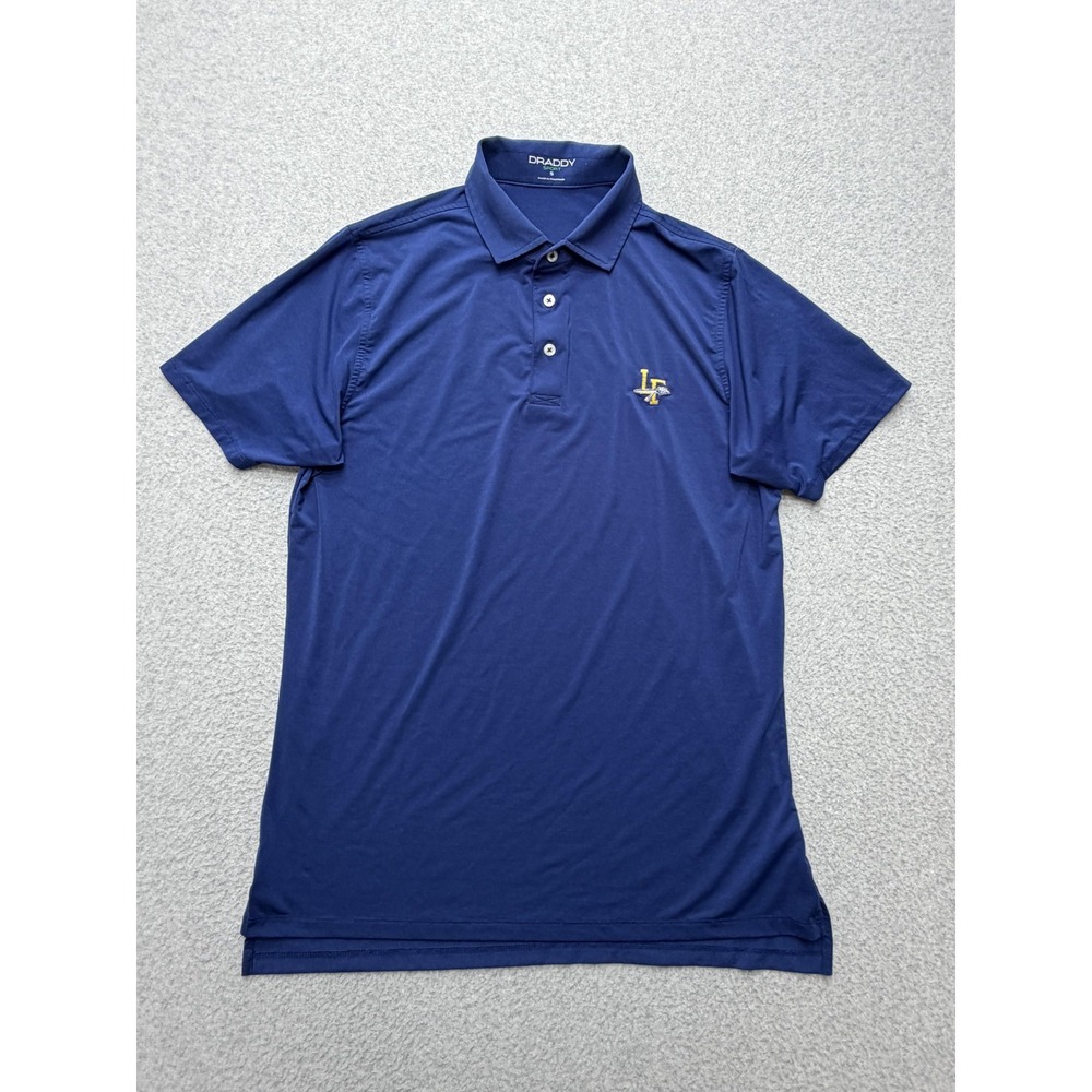 Draddy Sport LF Logo Polo Shirt Mens Small Blue Golf Performance Stretch